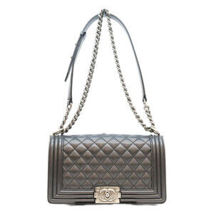 CHANEL A67086 Caviar Boy Chanel 25 Medium Chain Shoulder Bag, Black with Silv...
